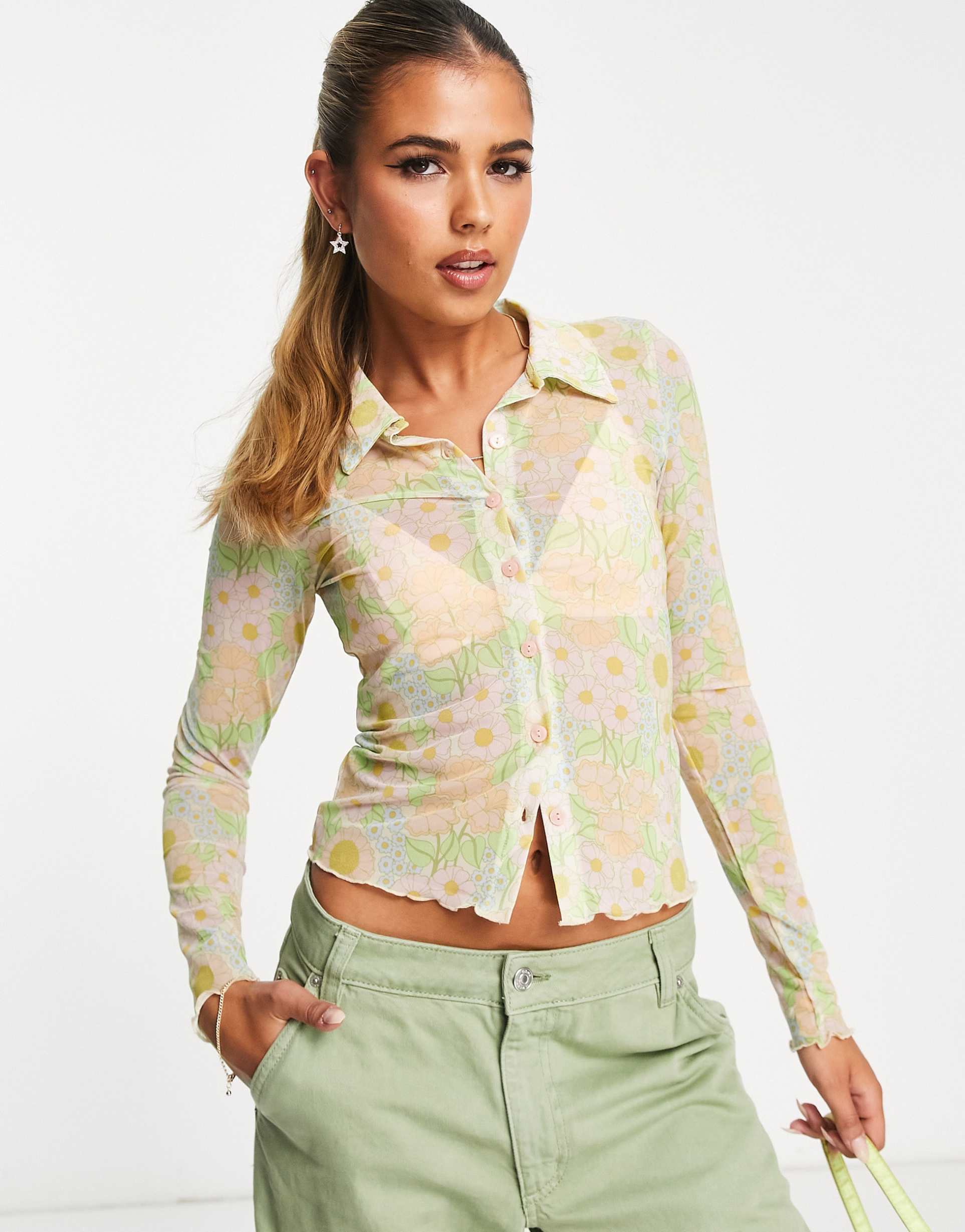 monki mesh polo shirt in pastel retro floral print