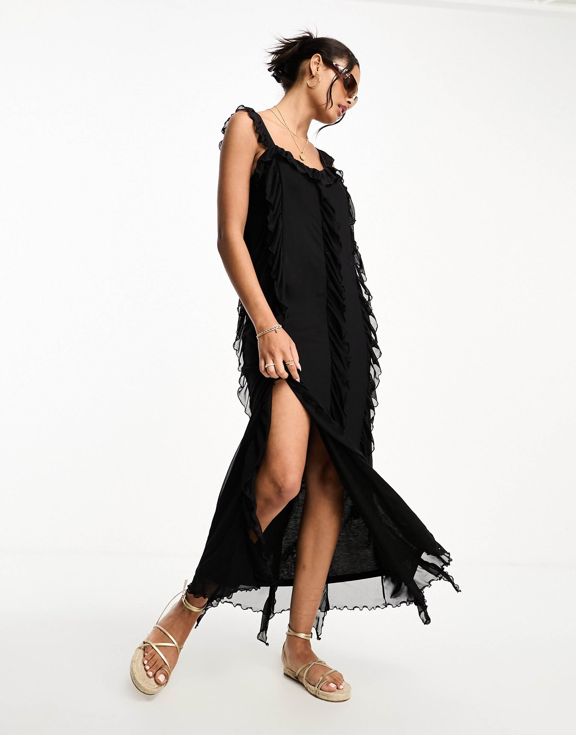 monki mesh ruffle detail midi dress