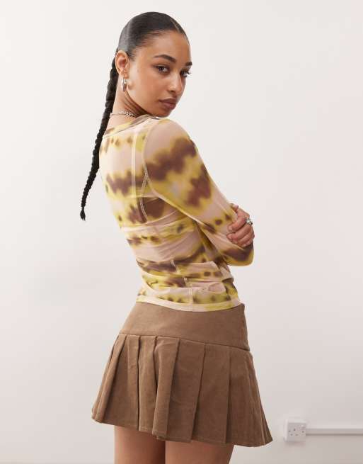 Monki mesh semi sheer long sleeve top in beige and yellow print, 4 of 4
