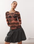 [Monki] Monki mesh semi sheer long sleeve top in brown and pink blurred print-Multi XS Brown and pink