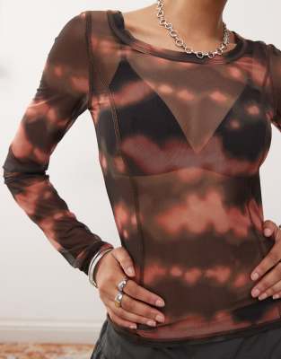 Monki Mesh Semi Sheer Long Sleeve Top In Multi