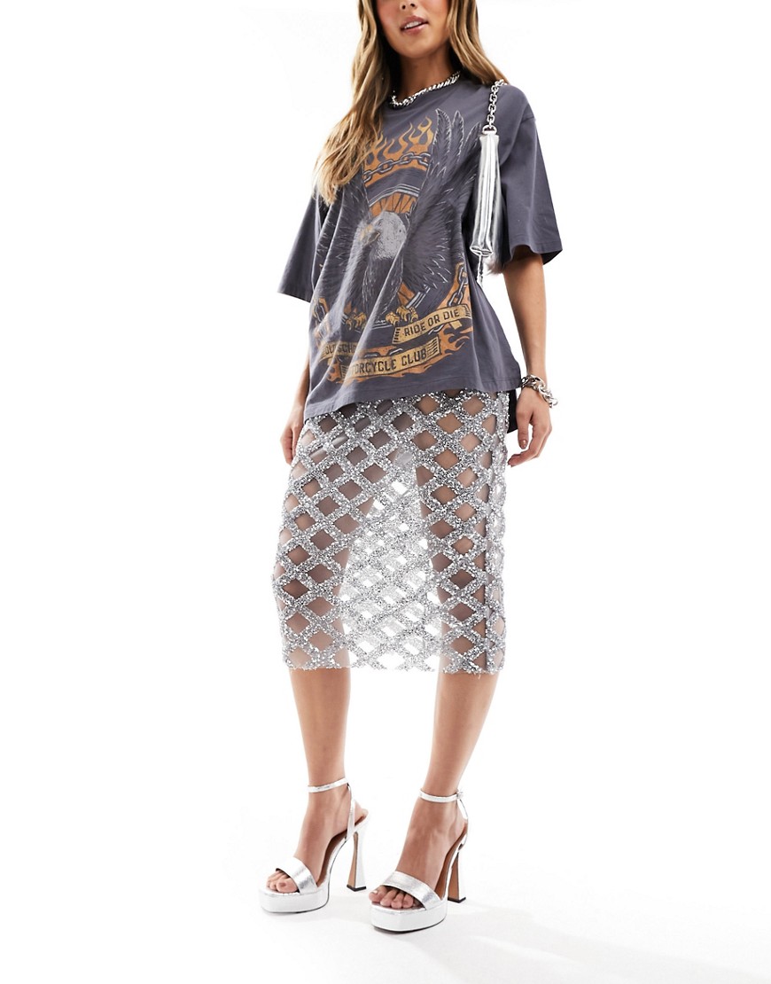 Monki mesh sequin embellished midi skirt in silver