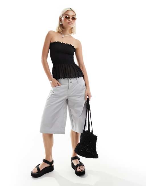 Monki mesh strapless bandeau tube top with peplum hem in