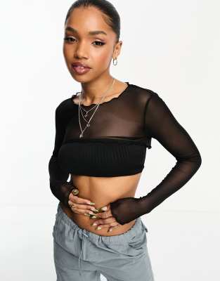 Monki mesh super cropped bolero top in black