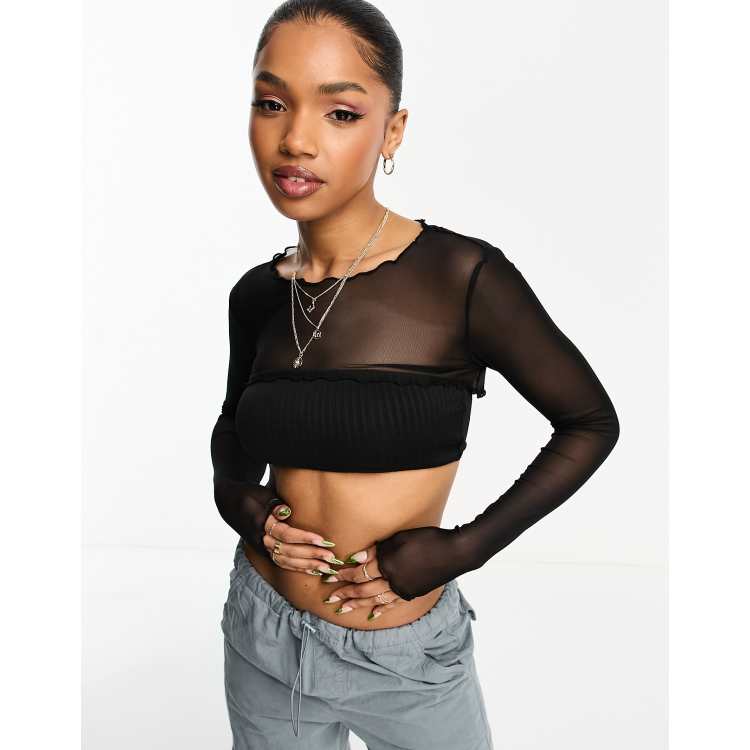 Monki mesh long sleeve crop top in graphic print