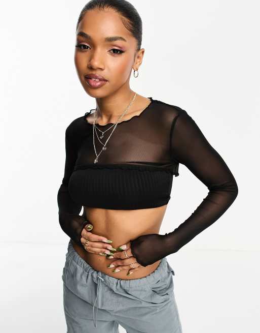 Black Mesh Crop Top With Short Sleeves Choker Neckline Sheer Mesh Top 