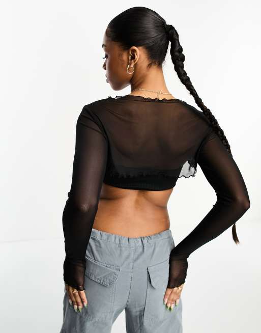 Black Mesh Cut Out Long Sleeve Crop Top