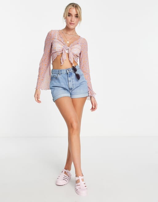 ASOS DESIGN mesh long sleeve tie front beach top in pastel camo print