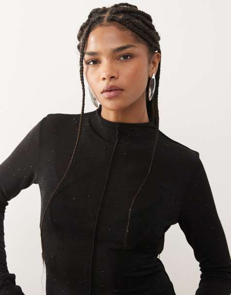 Monki - Mesh top met siersteentjes en lange mouwen in zwart - view 1