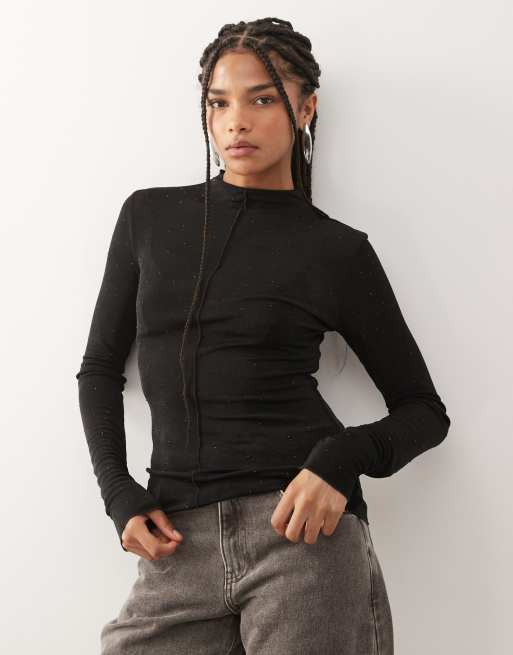 Monki - Mesh top met siersteentjes en lange mouwen in zwart, 3 van 4