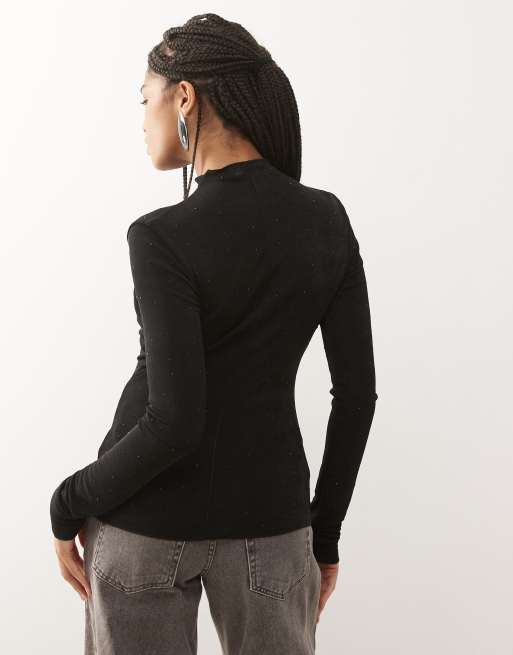 Monki - Mesh top met siersteentjes en lange mouwen in zwart, 4 van 4