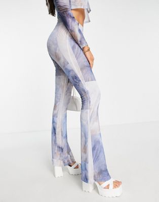 Monki mesh trousers in blue marble check print