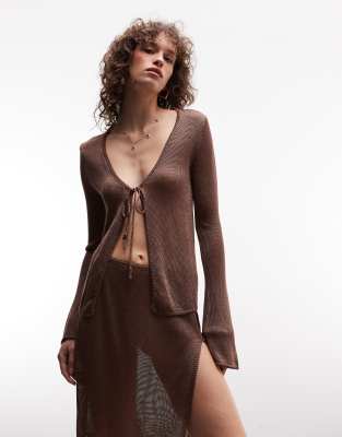 Monki Metallic Knit Cardigan Top In Brown