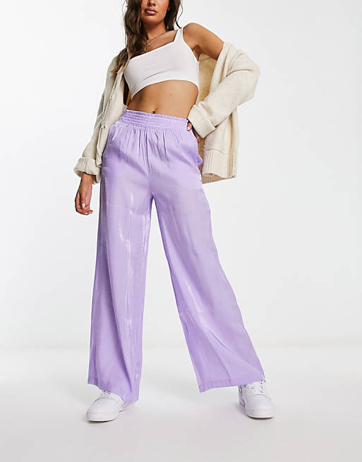 Monki metallic straight leg pants in lilac | ASOS