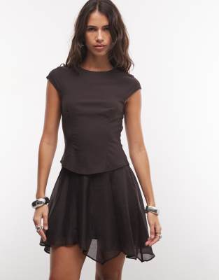 Monki Cap Sleeve Structured Chiffon Mini Dress In Brown