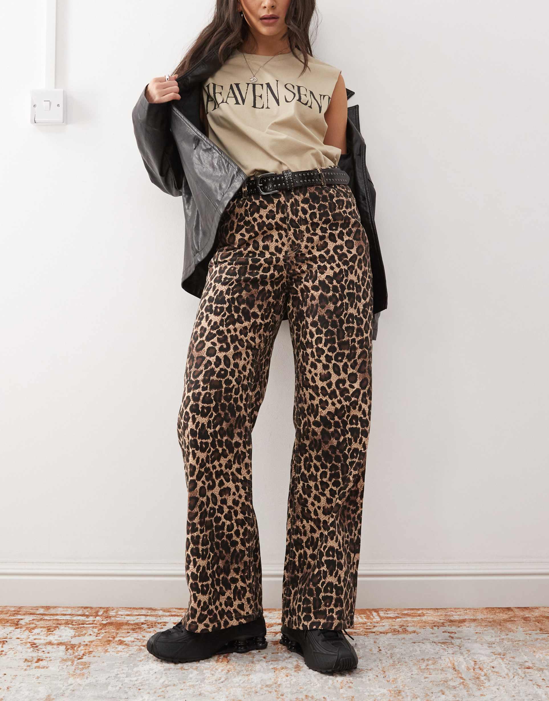 monki mid rise pants in brown leopard print