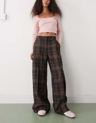 Monki Mid Waist Wide Leg Tailored Pants In Brown