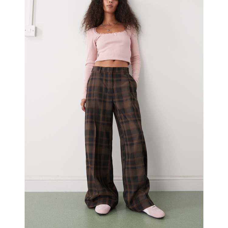 Monki mid waist wide leg tailored pants in brown tartan plaid | ASOS