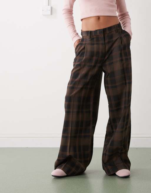 Monki mid waist wide leg tailored trousers in brown tartan