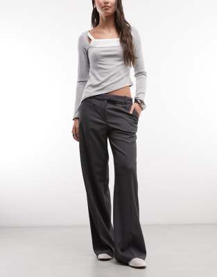 Monki Mid Waist Wide Leg Tailored Pants In Gray