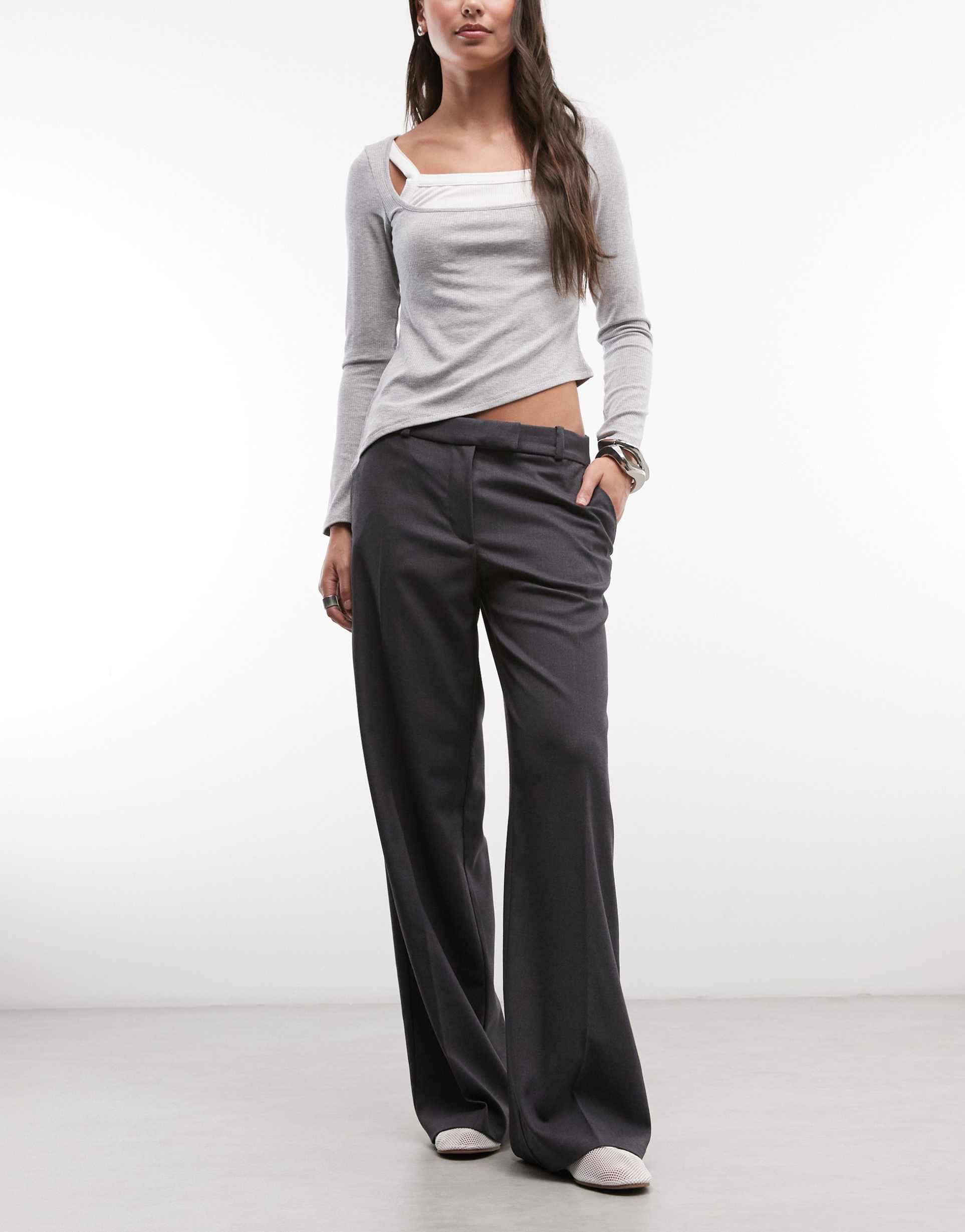 monki mid waist wide leg tailored pants in dark gray