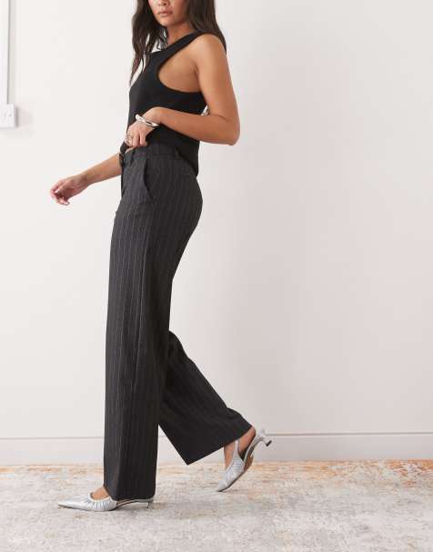 Monki mid waist wide leg tailored trousers in dark grey with glitter stripe - view 1