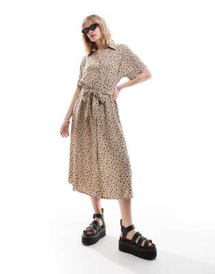 Monki midaxi belted shirt dress in light brown ditsy print