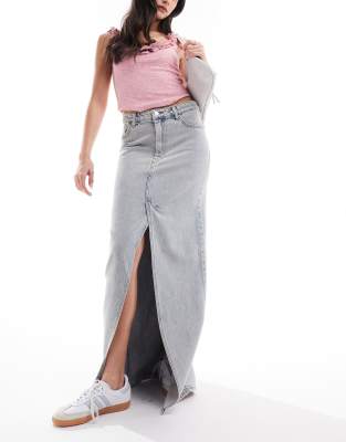 midaxi denim skirt with front slit in beige wash-Neutral