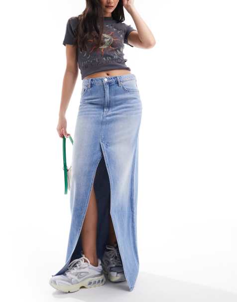 Monki midaxi denim skirt with front split in tinted blue wash - view 1