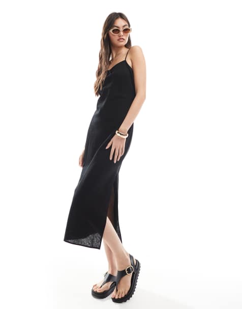 Monki – Midaxi-Trägerkleid in Schwarz aus Leinen – Exklusiv bei ASOS - view 1