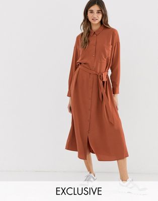 Monki midi belted shirt dress with pockets in rust-Brown