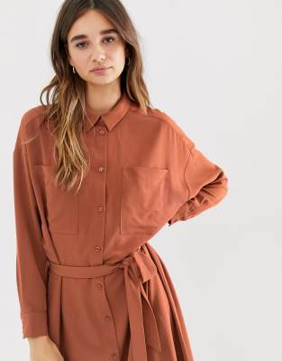 women's belted midi shirt dress with pocket