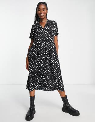 Monki midi button through shirt dress in black and white spot | ASOS