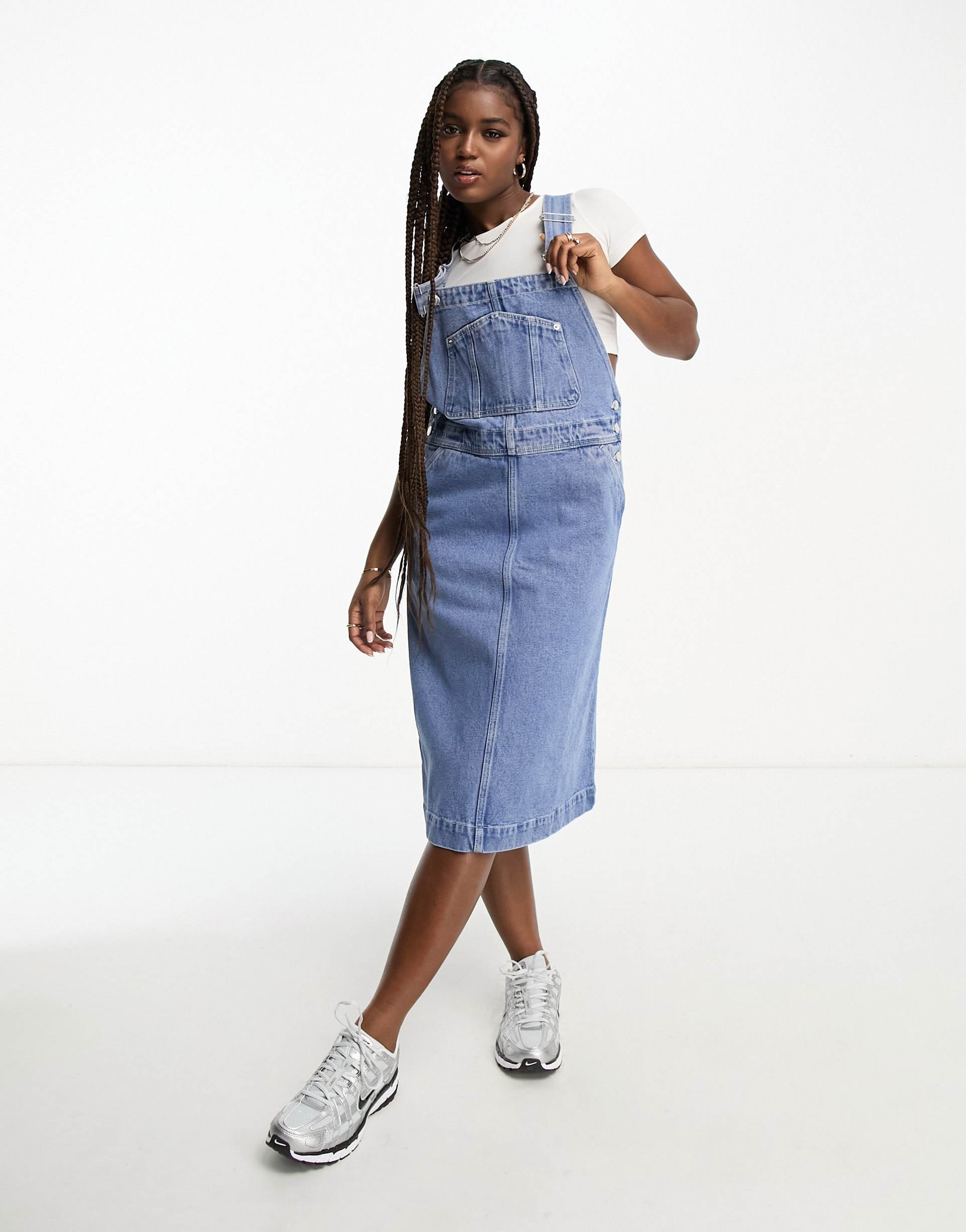 monki midi denim overalls dress in blue