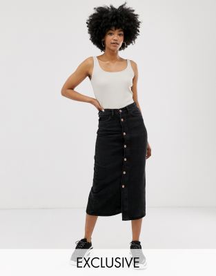 black denim midi pencil skirt