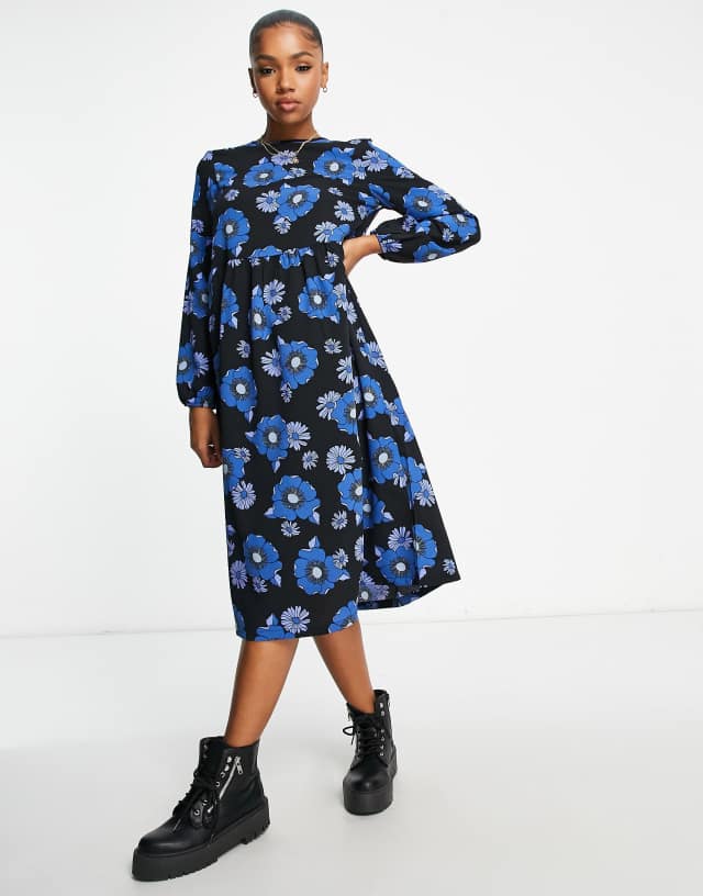 Monki midi dress in black and blue floral print