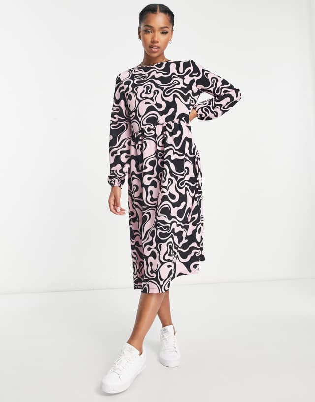 Monki midi dress in pink and brown swirl print