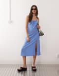 [Monki] Monki midi dress with ruched front and side split in blue exclusive to ASOS 44 Blue