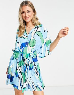 Monki midi shirt dress with tie waist detail in blue tropical print - ASOS Price Checker