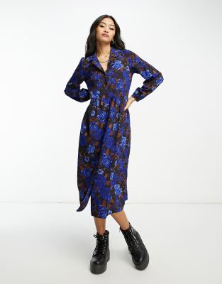 Monki - Midi-Hemdblusenkleid mit Blumenmuster in Blau und Braun-Bunt