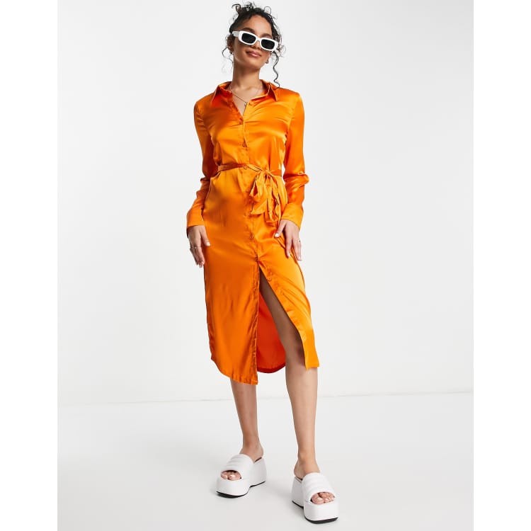 Monki Midi Hemdkleid aus Satin in Orange mit Bindeg rtel ASOS