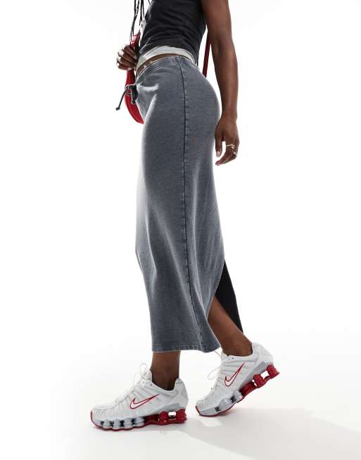 Monki - Midi jogger-rok met split en trekkoord in de taille in antracietgrijs met wassing , 3 van 5