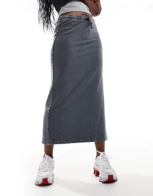 Monki midi jogger skirt with split and drawstring waist in washed charcoal grey-Navy