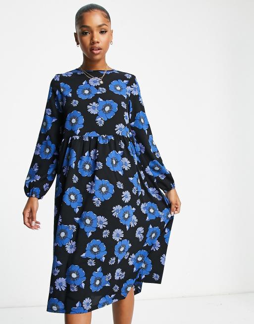 Monki Midi jurk in zwart met blauwe bloemenprint