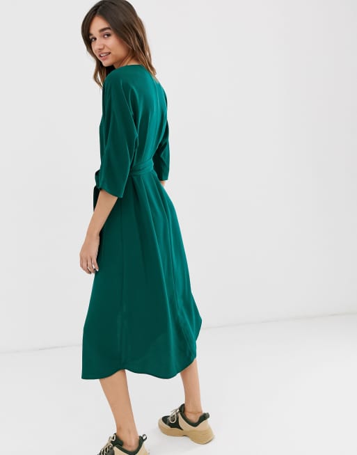 Monki - Midi-jurk met ceintuur en  split voor in donkergroen, 2 van 4