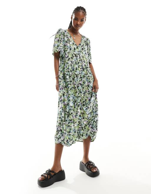 Monki - Midi jurk met knoopsluiting en bloemenprint, exclusief bij ASOS