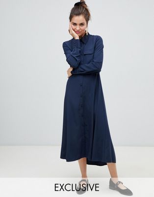 Monki - Midi-jurk met knopen en zakken in marineblauw-Bruin