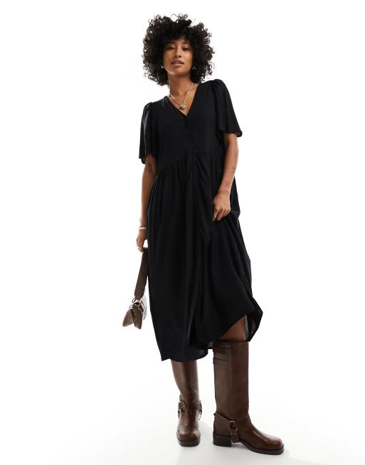 Monki - Midi jurk met korte mouwen en knoopsluiting in zwart