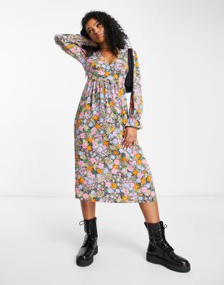 Essentials Dames lichtgewicht Georgette lange mouwen V-hals midi-jurk (verkrijgbaar in grote maten), blauw Ditsy bloemen, XL