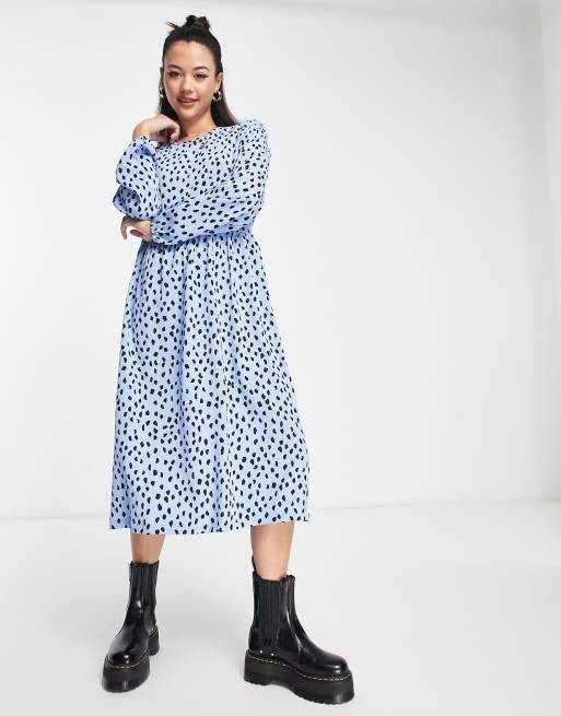 Monki - Midi jurk met lange mouwen en stippenprint in blauw
